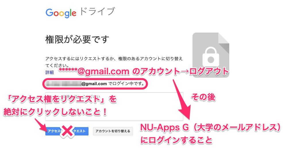 8. 動画などの講義資料を閲覧する際に，以下の画面が出る場合があります．「アクセス権をリクエスト」を絶対にクリックしないでください．個人のGmailアカウント (******@gmail.com) からログアウトし，その後NU-AppsG（大学のメールアドレス，******@g.nihon-u.ac.jp）にログインしたうえで，再度講義資料を閲覧してください．