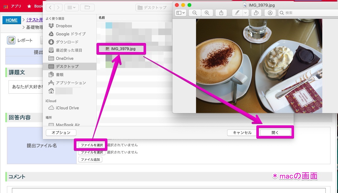 4. 「ファイルを選択」をクリックして，アップロードしたいファイルを選択する．その後，「開く」をクリックする．