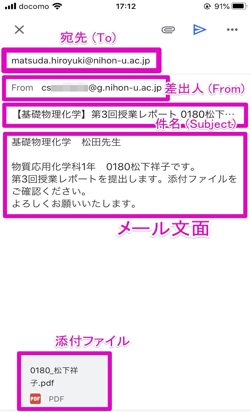 「Gmail」のアプリによるメールの作成例